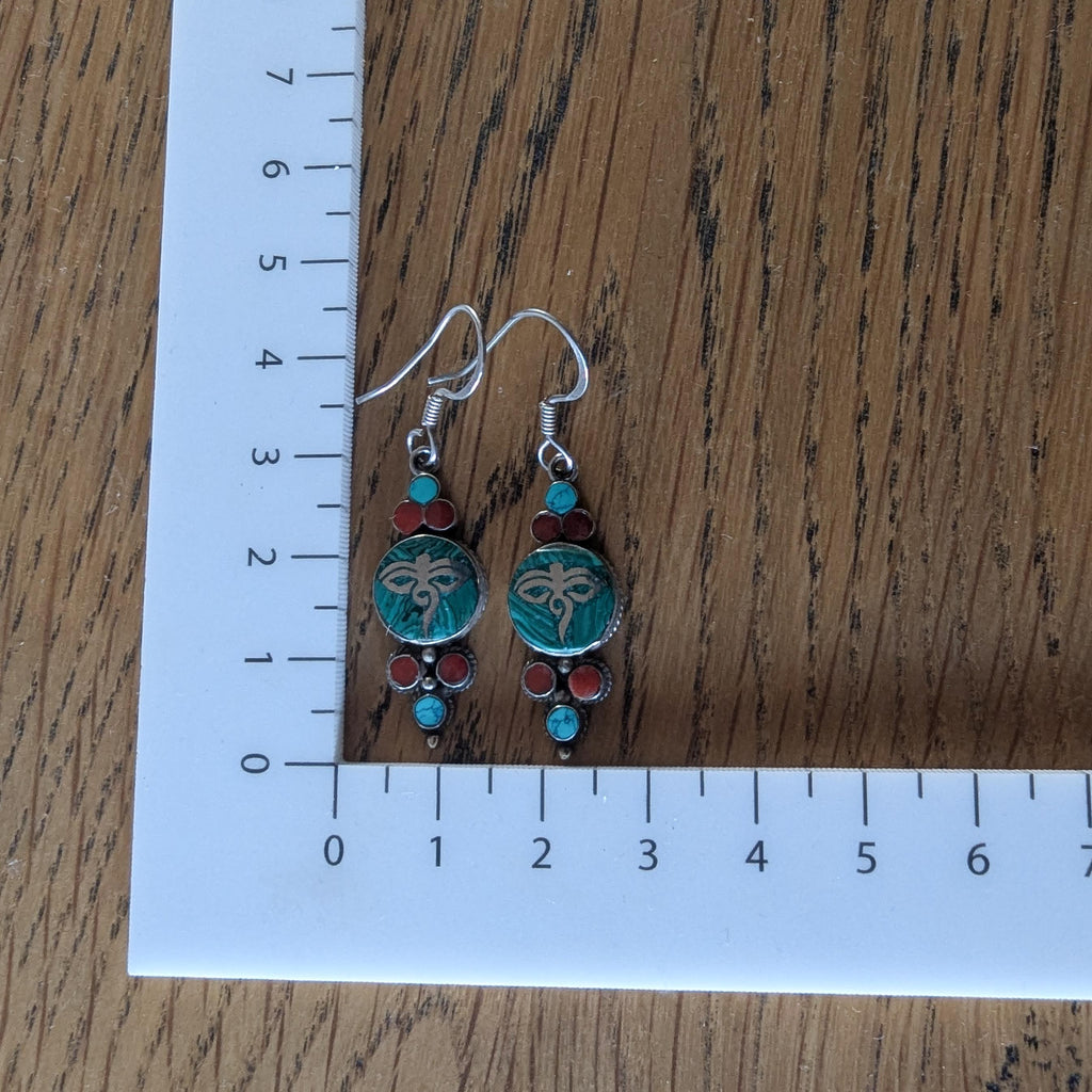 Vintage Eye of Buddha Sterling Silver Malachite Turquoise & Carnelian earrings
