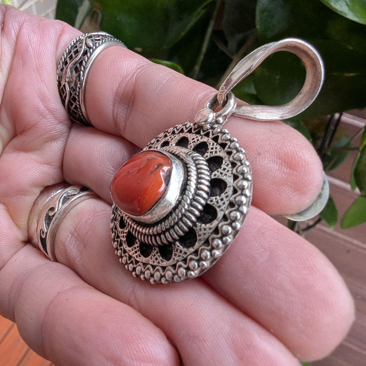 Vintage Tibetan Coral & Sterling Silver decorative pendant