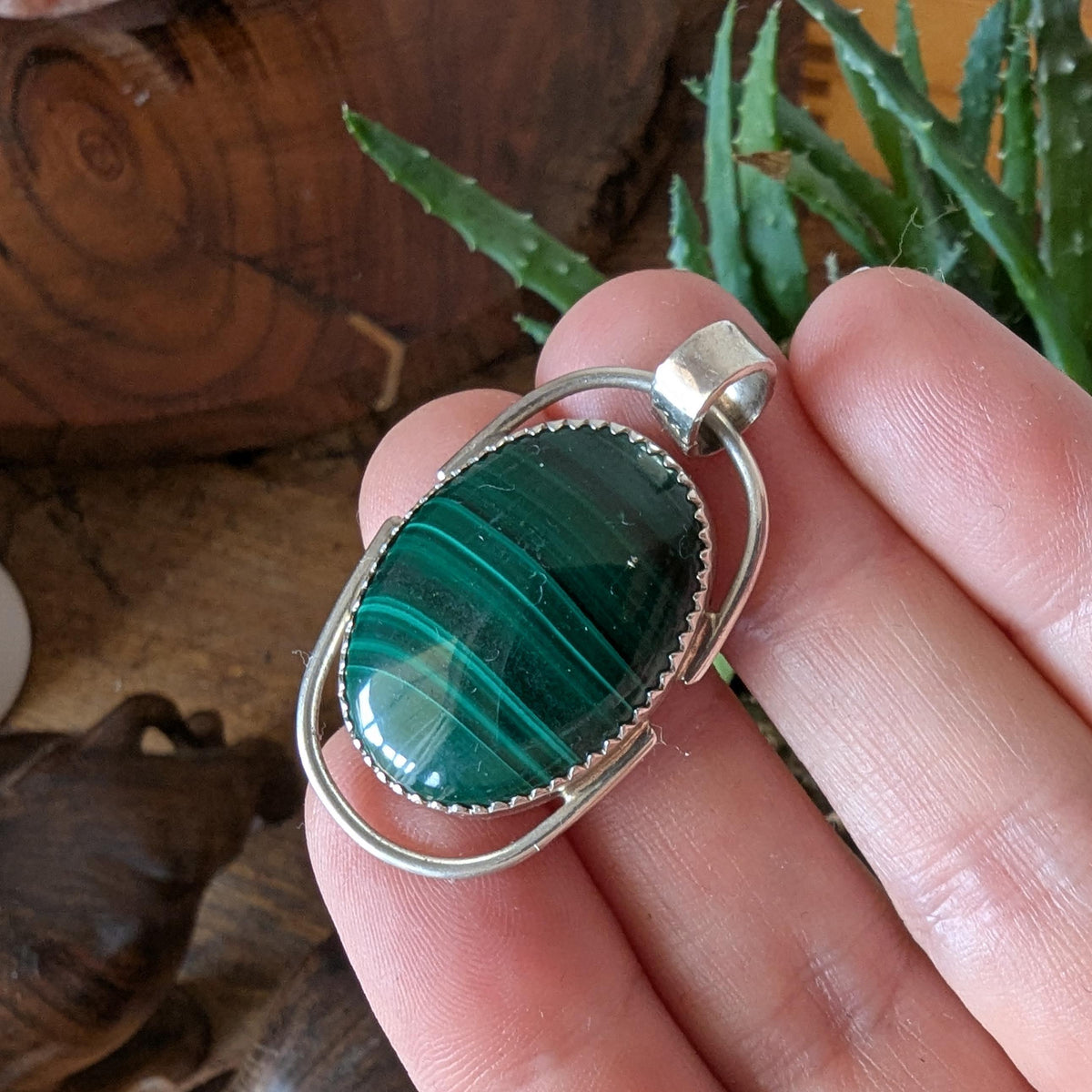 Vintage Navajo Malachite & sterling silver pendant by J Manuelito