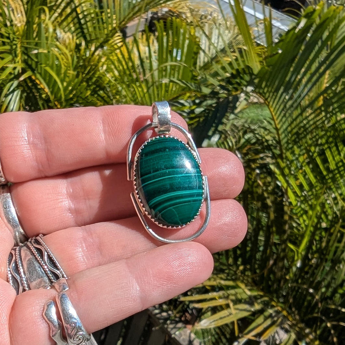 Vintage Navajo Malachite & sterling silver pendant by J Manuelito