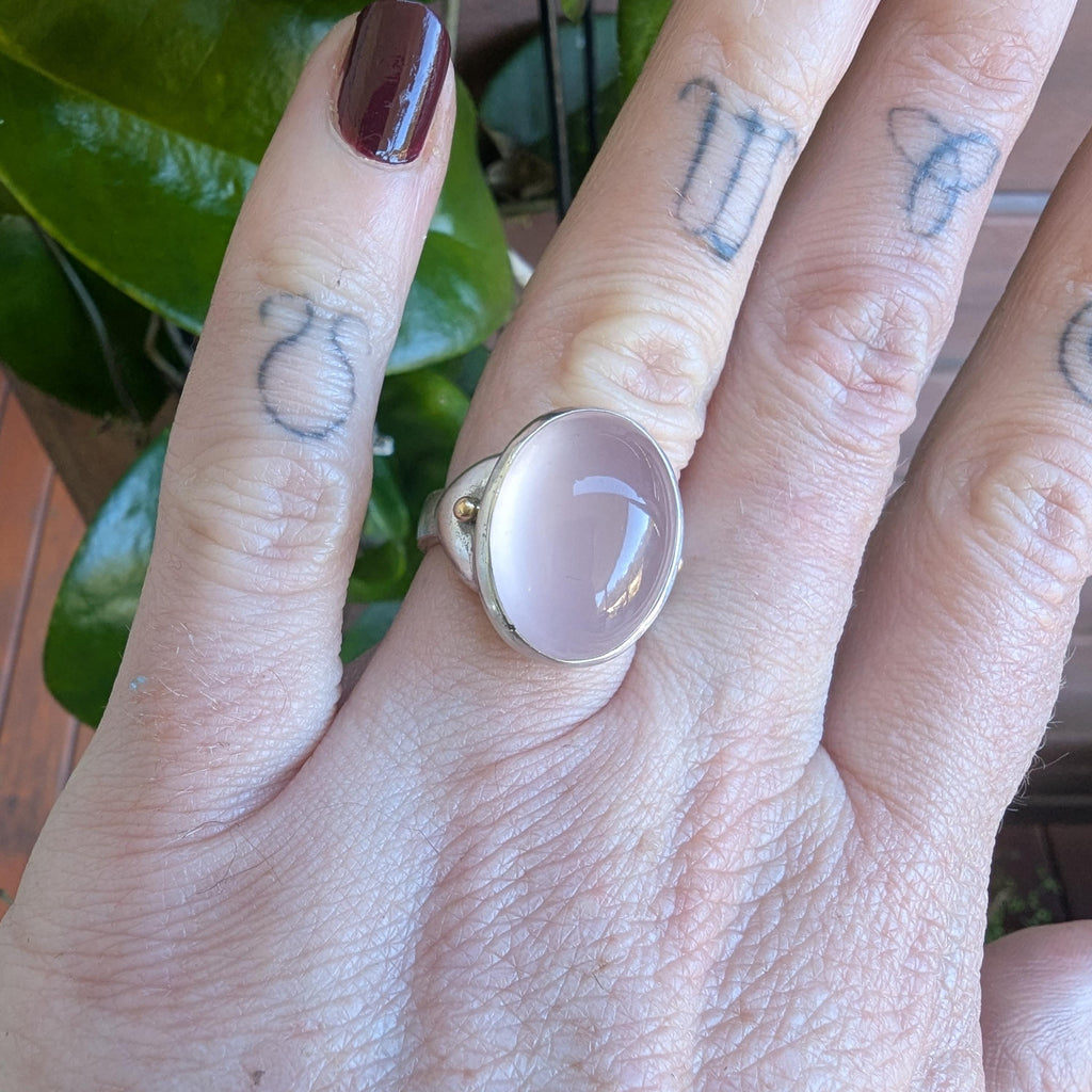 Rose Quartz Sterling Silver & 18 Carat Gold Vintage Ring