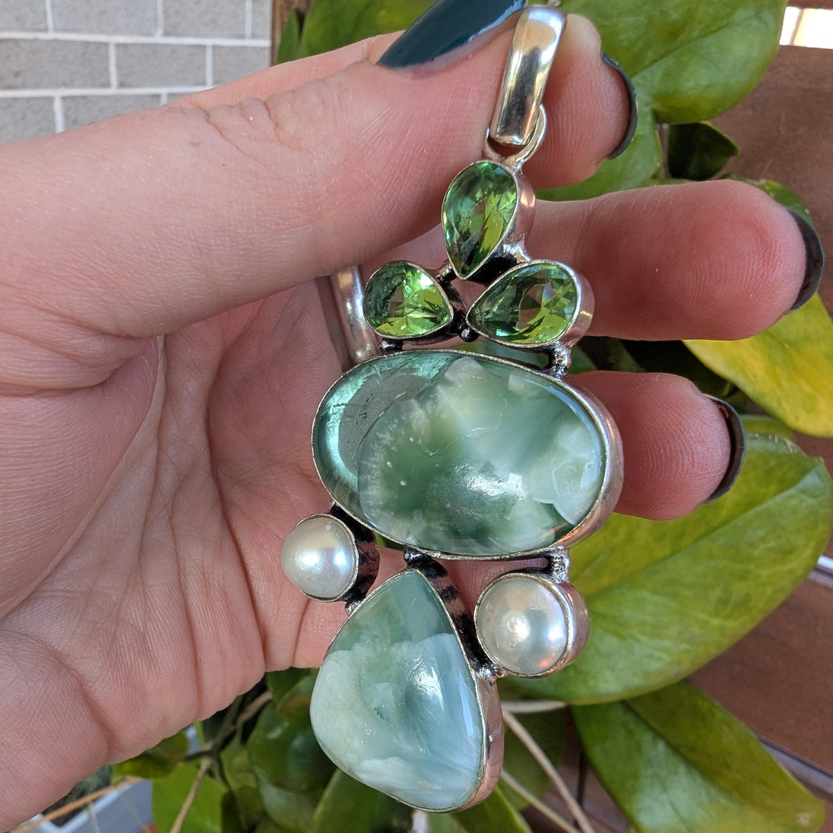 Vintage Statement Angelite, Freshwater Pearl & green glass Sterling Silver pendant