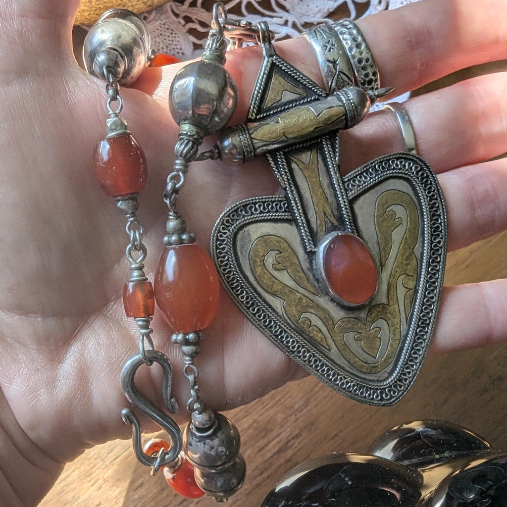 Rare Turkman carnelian, silver with gold gilt inlay Vintage/antique necklace