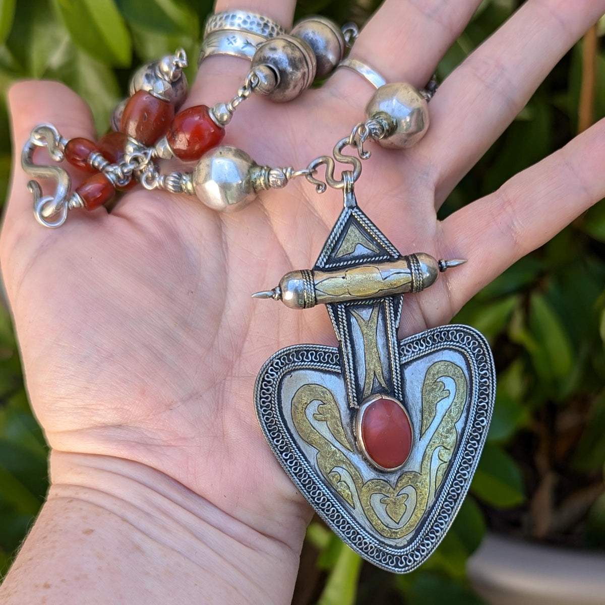 Rare Turkman carnelian, silver with gold gilt inlay Vintage/antique necklace
