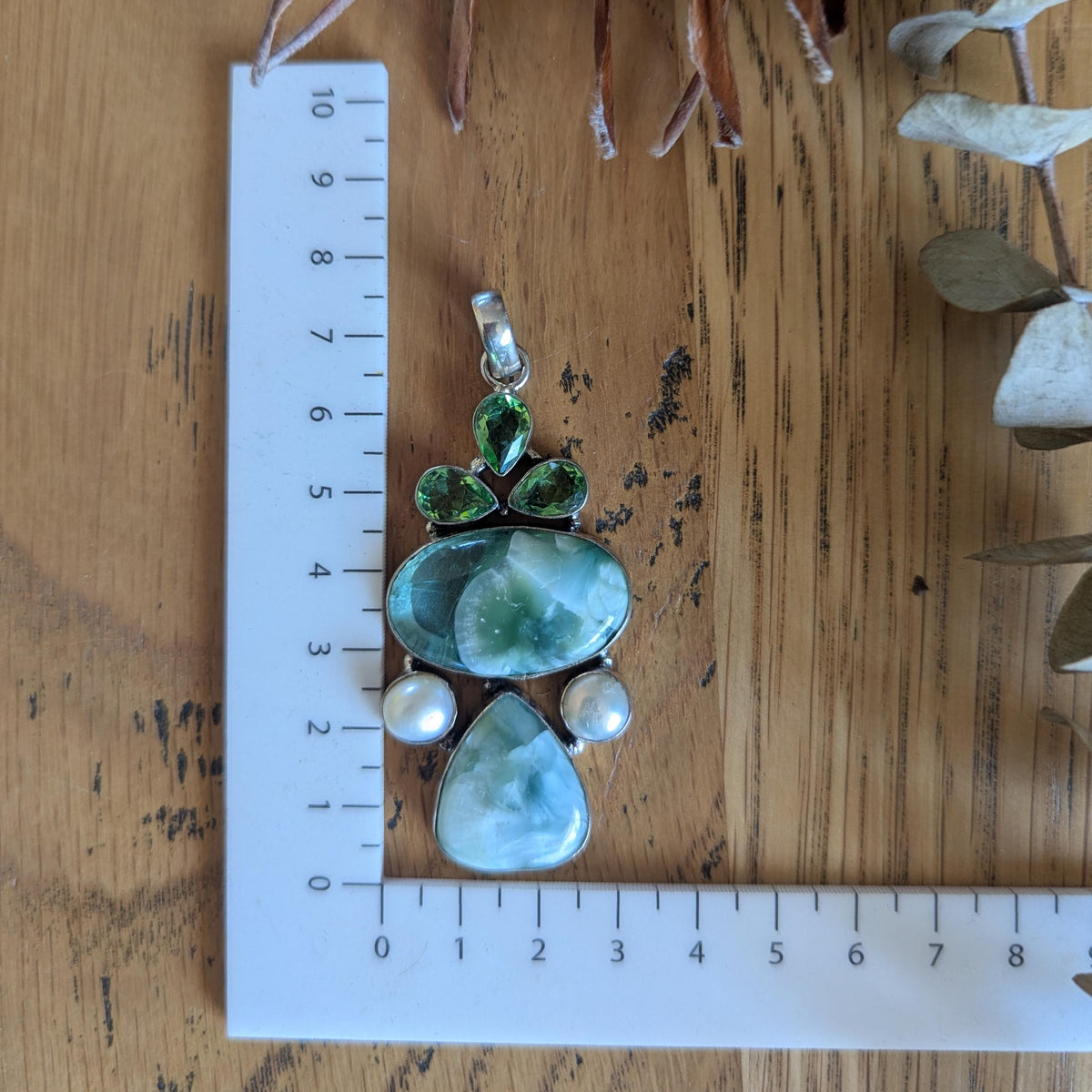 Vintage Statement Angelite, Freshwater Pearl & green glass Sterling Silver pendant