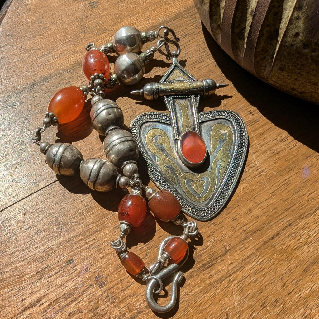 Rare Turkman carnelian, silver with gold gilt inlay Vintage/antique necklace