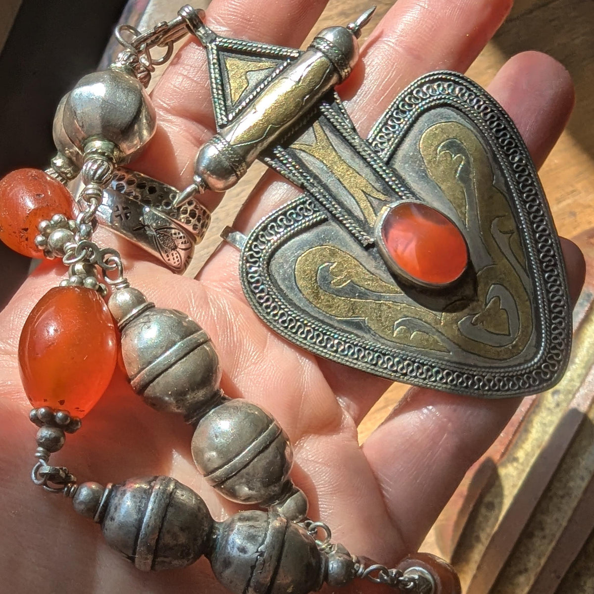 Rare Turkman carnelian, silver with gold gilt inlay Vintage/antique necklace