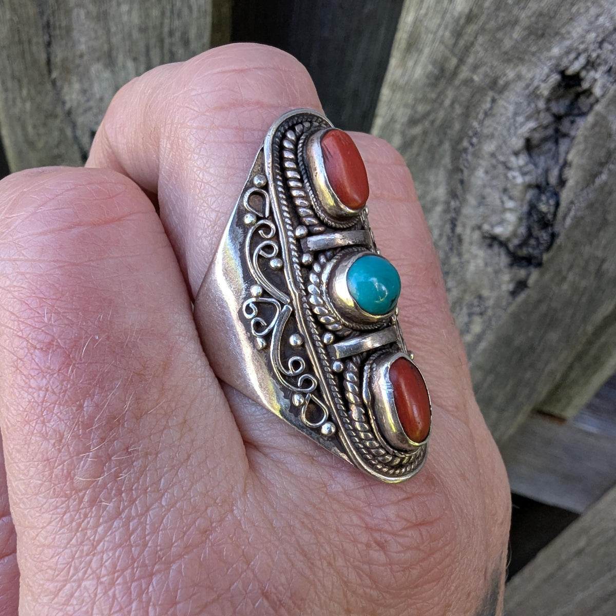 Vintage Turquoise & Coral Sterling Silver chunky Statement Ring