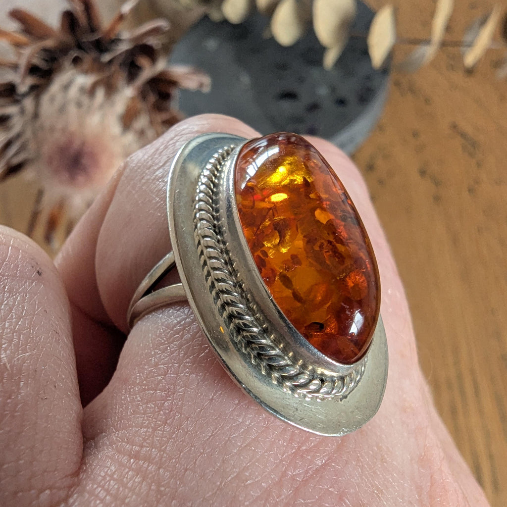 Sterling Silver & Amber signed 'FF Sterling' statement ring
