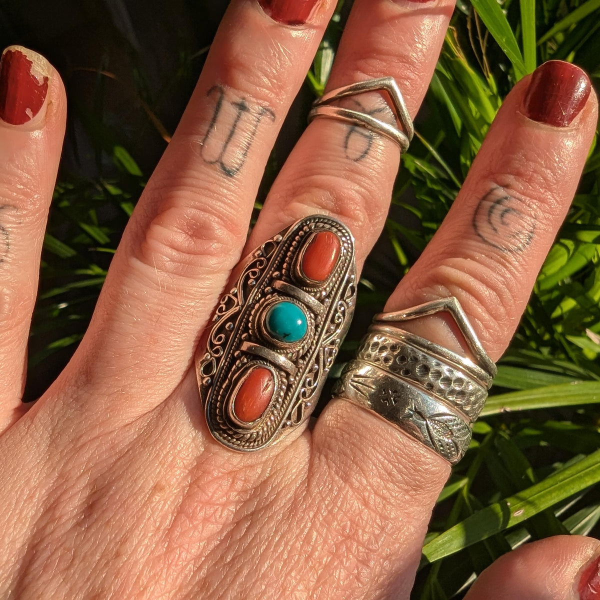 Vintage Turquoise & Coral Sterling Silver chunky Statement Ring