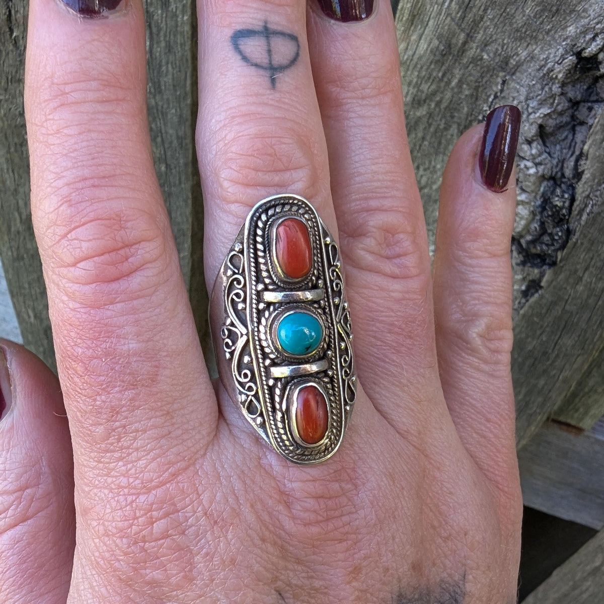 Vintage Turquoise & Coral Sterling Silver chunky Statement Ring