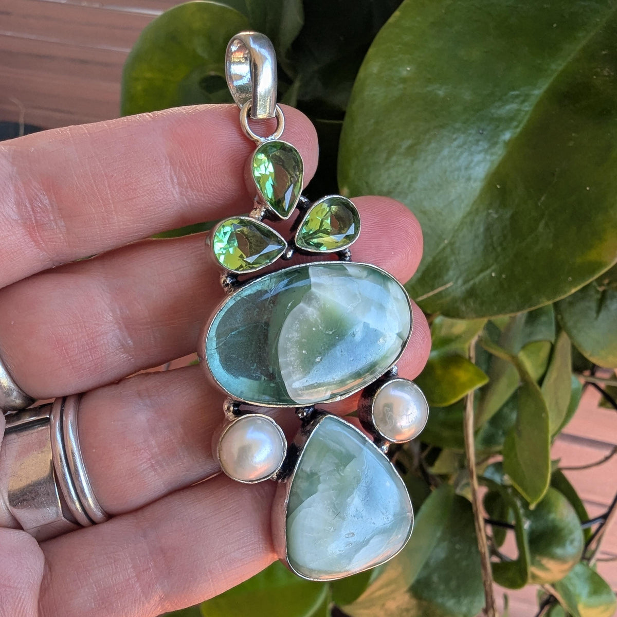 Vintage Statement Angelite, Freshwater Pearl & green glass Sterling Silver pendant