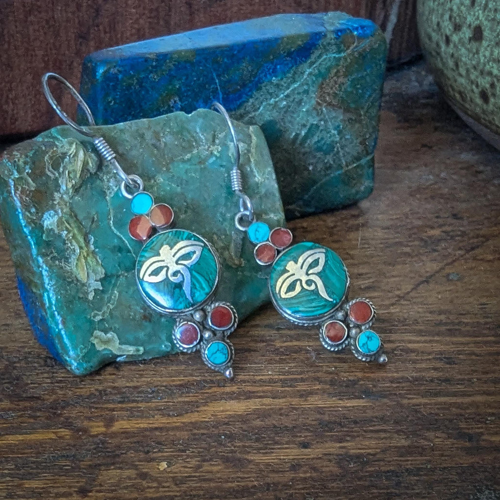Vintage Eye of Buddha Sterling Silver Malachite Turquoise & Carnelian earrings