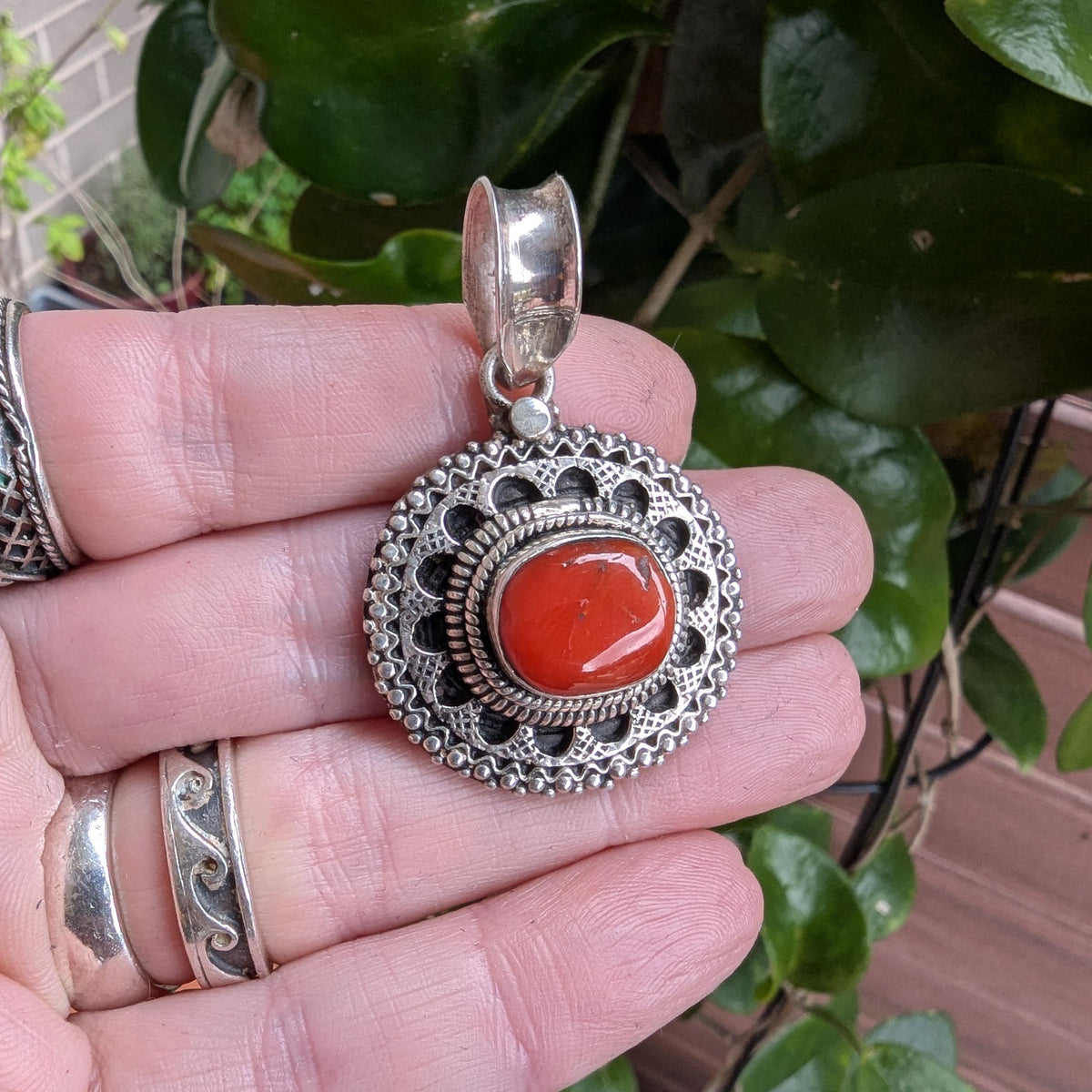 Vintage Tibetan Coral & Sterling Silver decorative pendant
