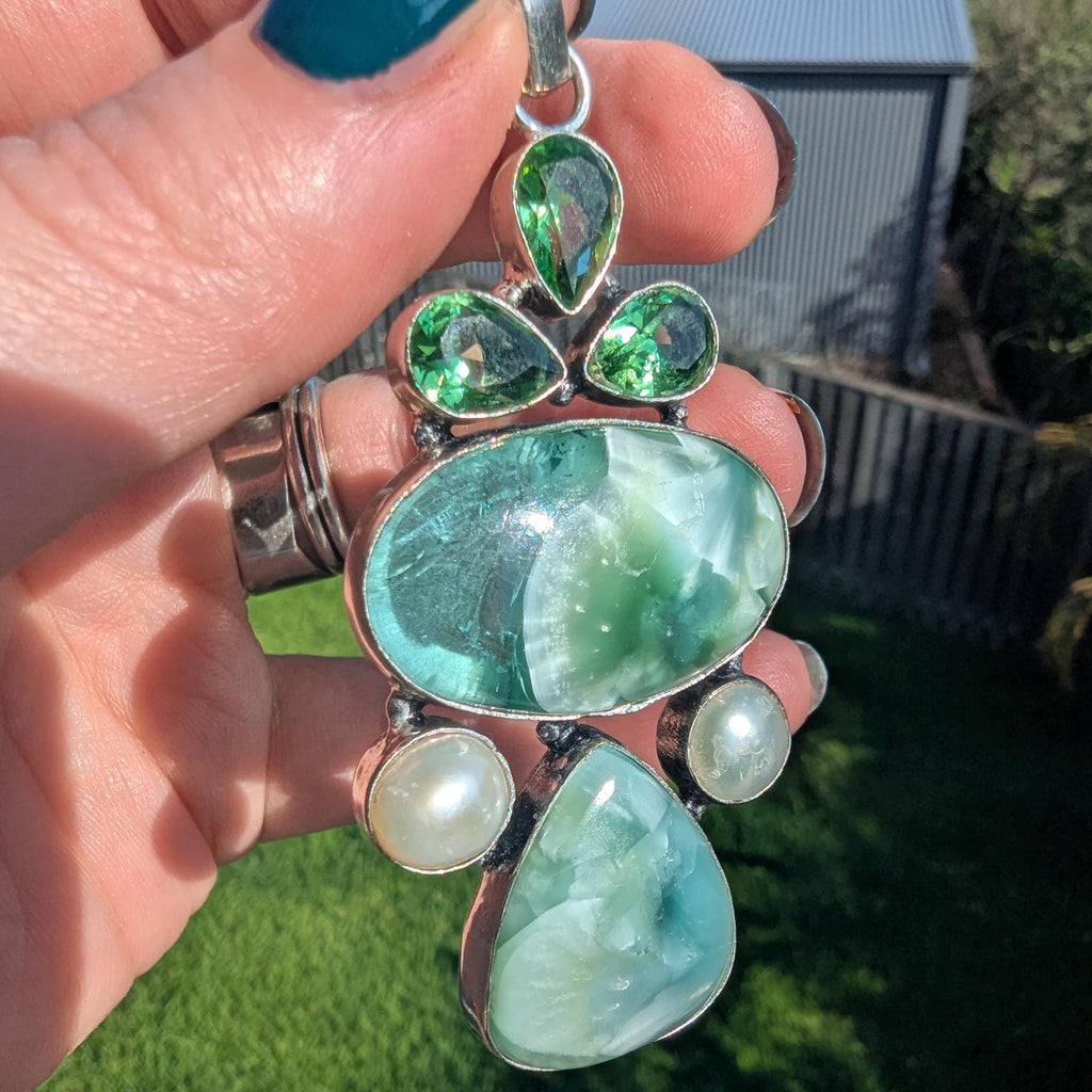 Vintage Statement Angelite, Freshwater Pearl & green glass Sterling Silver pendant