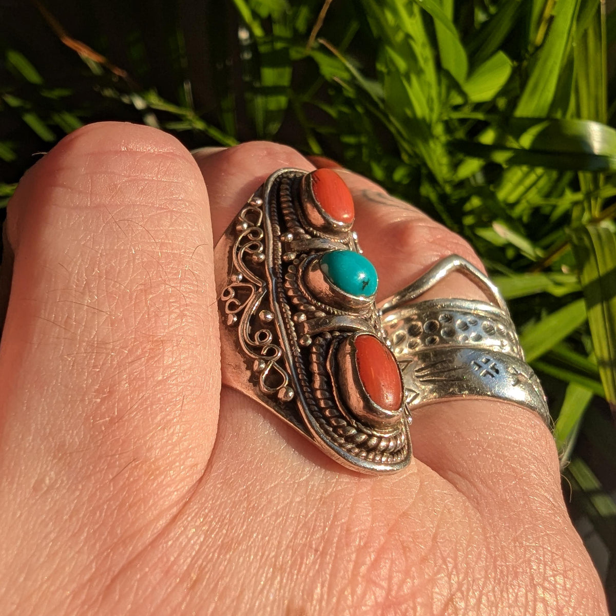 Vintage Turquoise & Coral Sterling Silver chunky Statement Ring