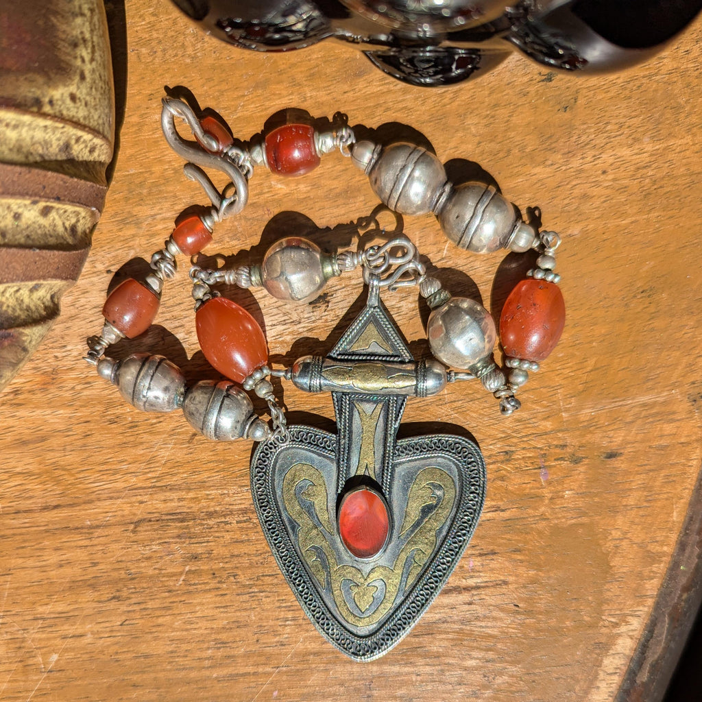 Rare Turkman carnelian, silver with gold gilt inlay Vintage/antique necklace