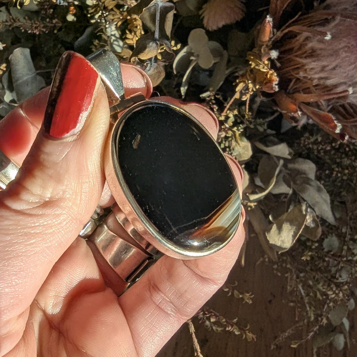 Vintage Banded Earthy Agate & Sterling Silver pendant