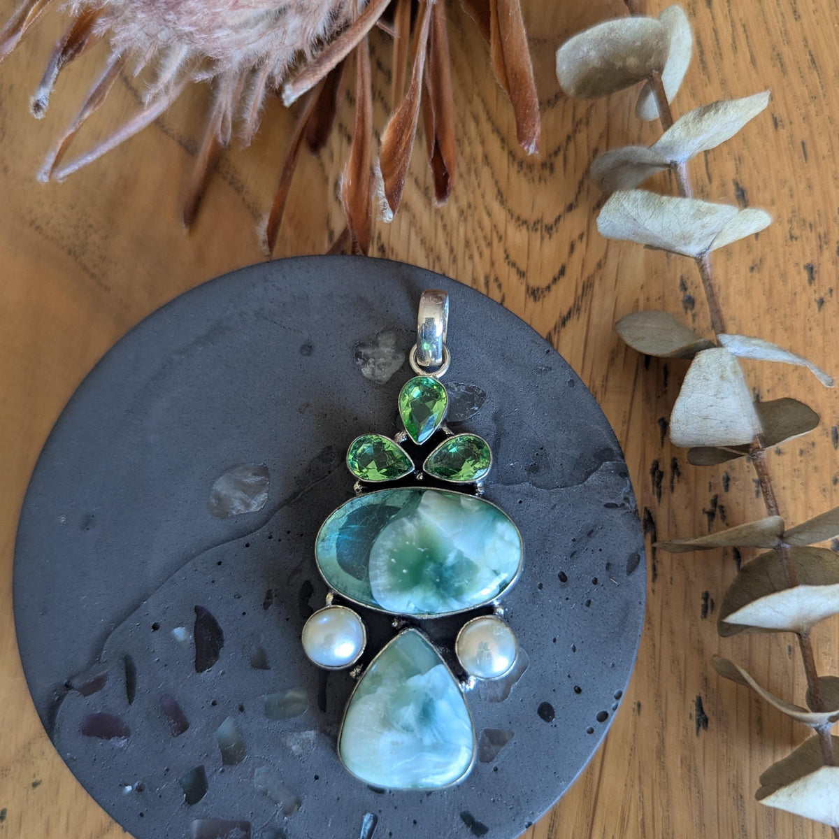 Vintage Statement Angelite, Freshwater Pearl & green glass Sterling Silver pendant