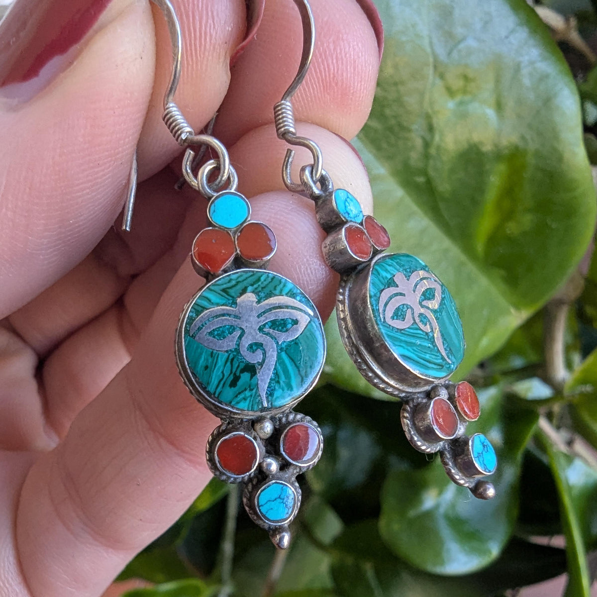 Vintage Eye of Buddha Sterling Silver Malachite Turquoise & Carnelian earrings