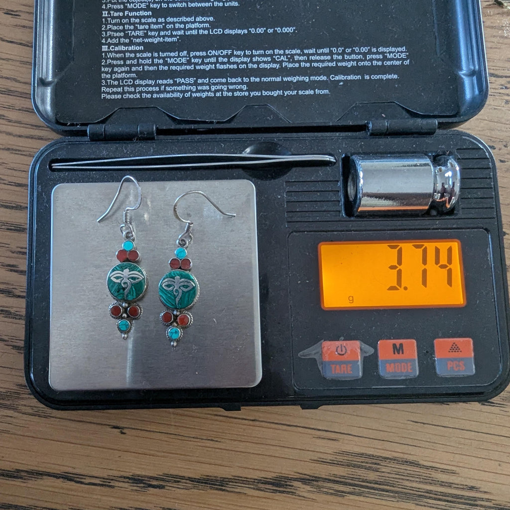 Vintage Eye of Buddha Sterling Silver Malachite Turquoise & Carnelian earrings