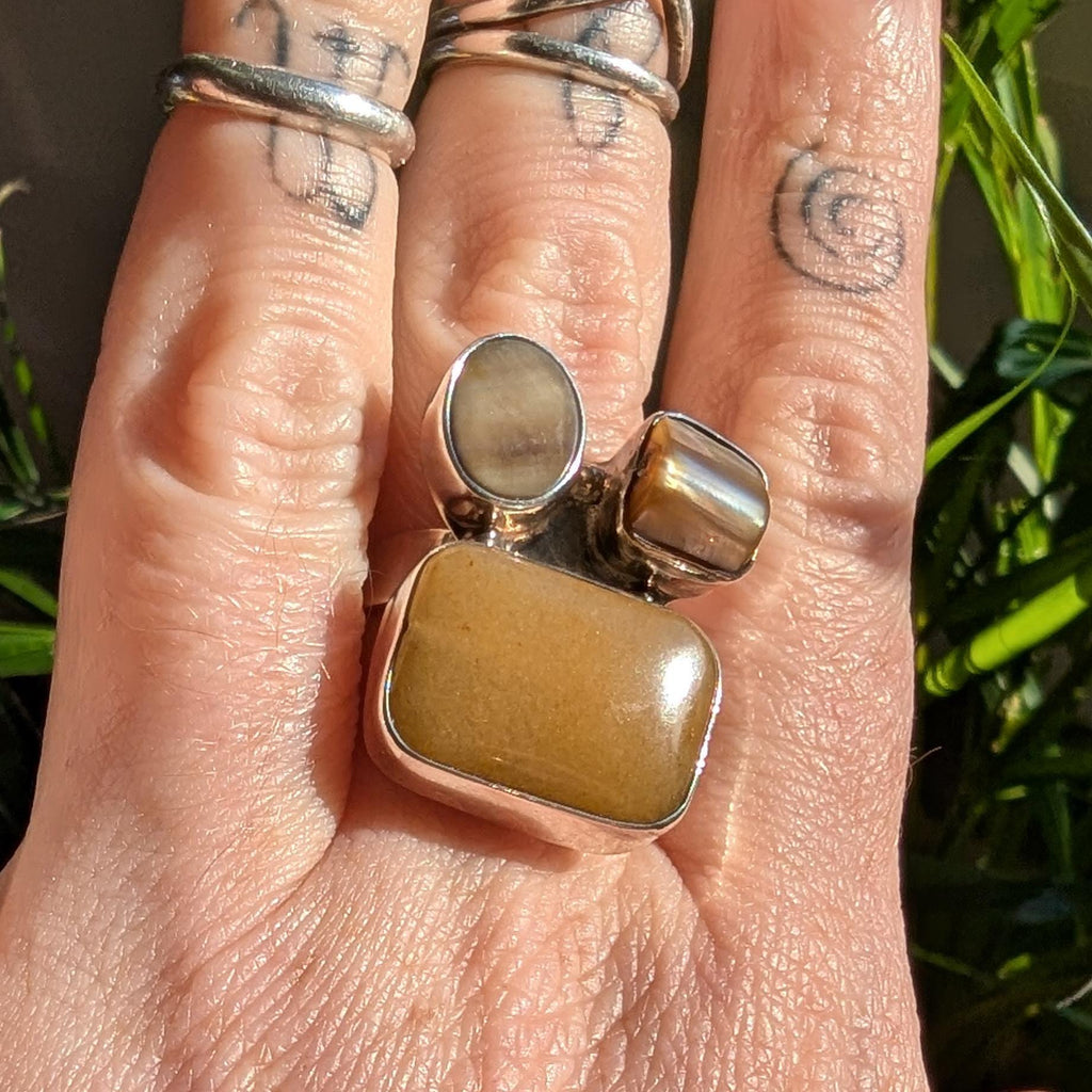 Vintage Sterling Silver Agate & Shell Statement Ring