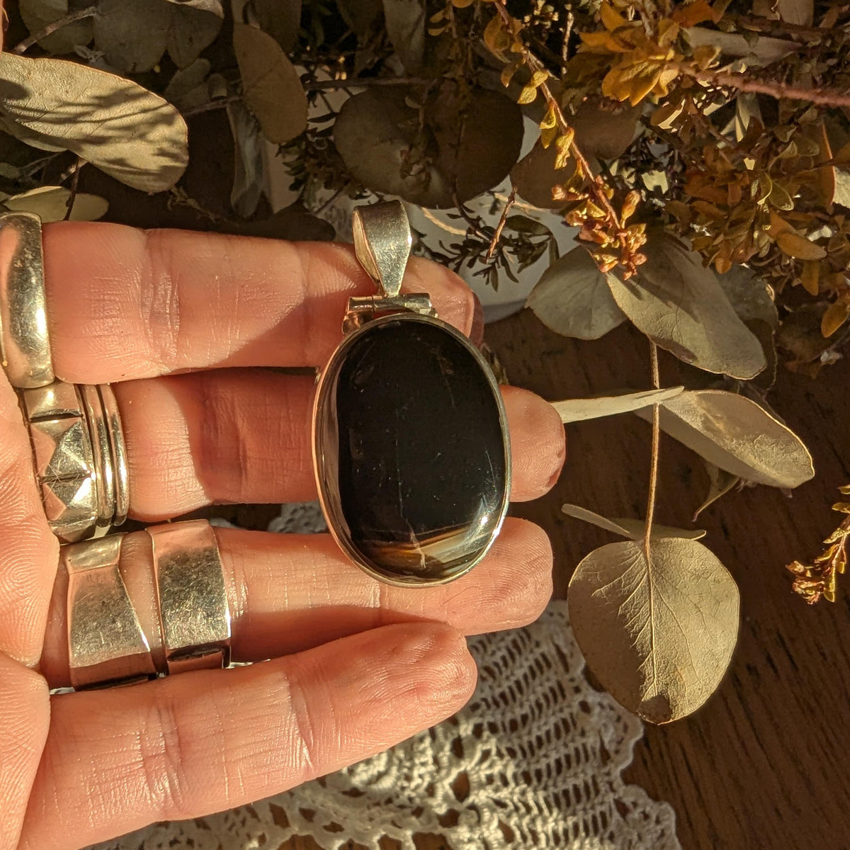 Vintage Banded Earthy Agate & Sterling Silver pendant