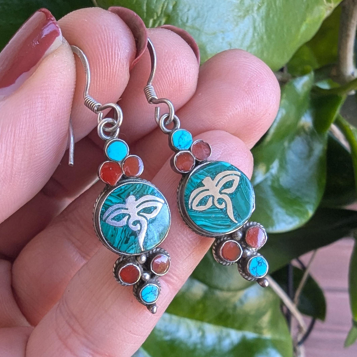 Vintage Eye of Buddha Sterling Silver Malachite Turquoise & Carnelian earrings