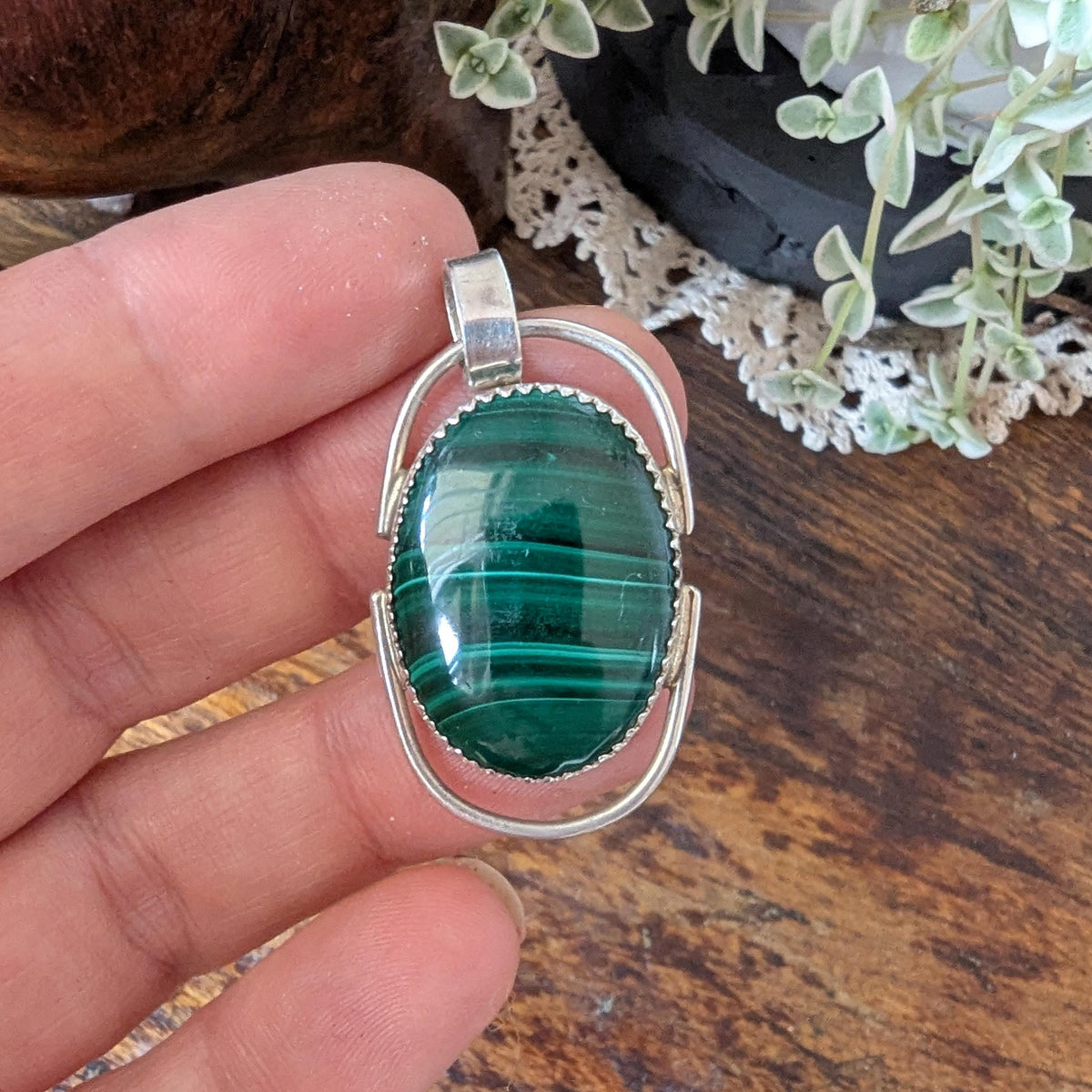 Vintage Navajo Malachite & sterling silver pendant by J Manuelito