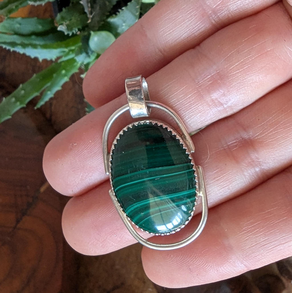 Vintage Navajo Malachite & sterling silver pendant by J Manuelito