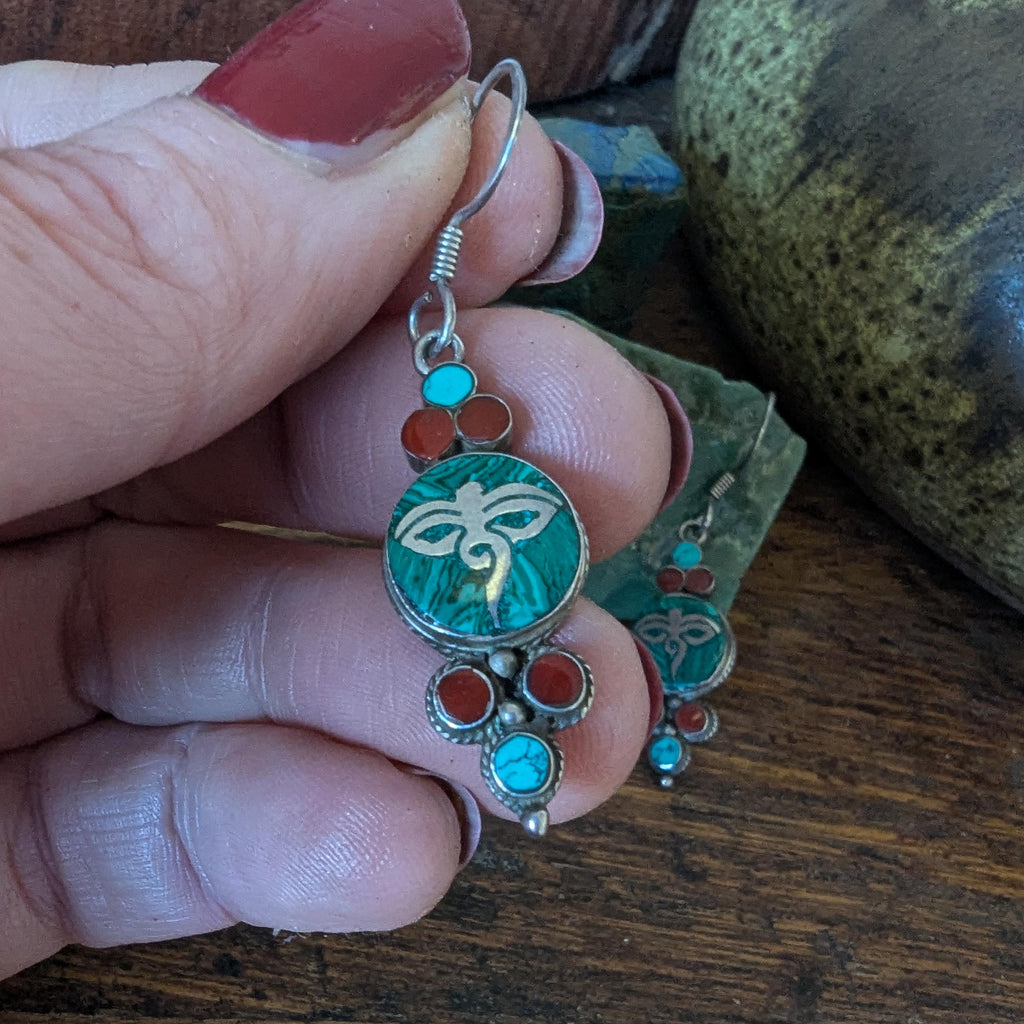 Vintage Eye of Buddha Sterling Silver Malachite Turquoise & Carnelian earrings
