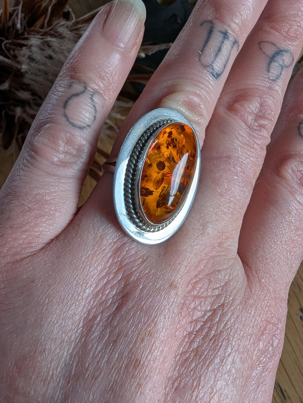 Sterling Silver & Amber signed 'FF Sterling' statement ring