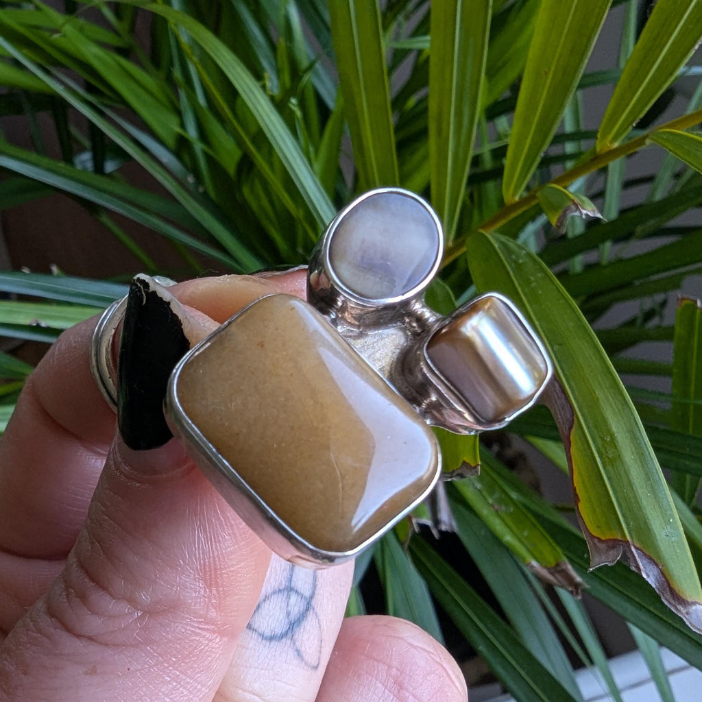 Vintage Sterling Silver Agate & Shell Statement Ring
