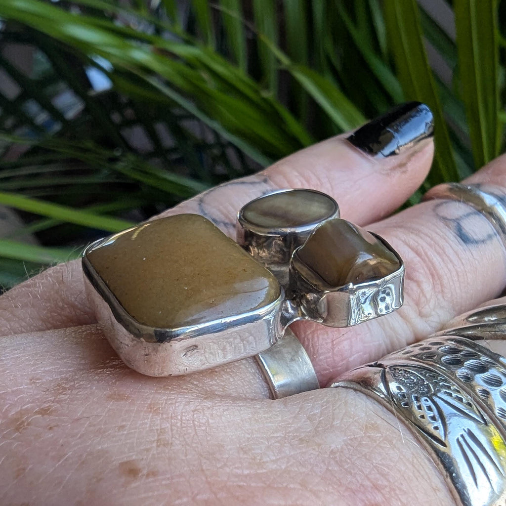 Vintage Sterling Silver Agate & Shell Statement Ring