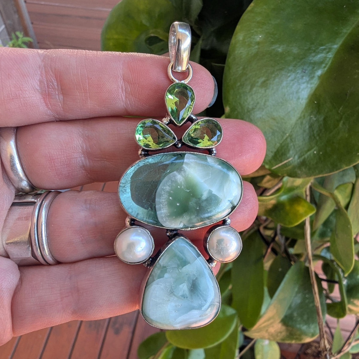 Vintage Statement Angelite, Freshwater Pearl & green glass Sterling Silver pendant