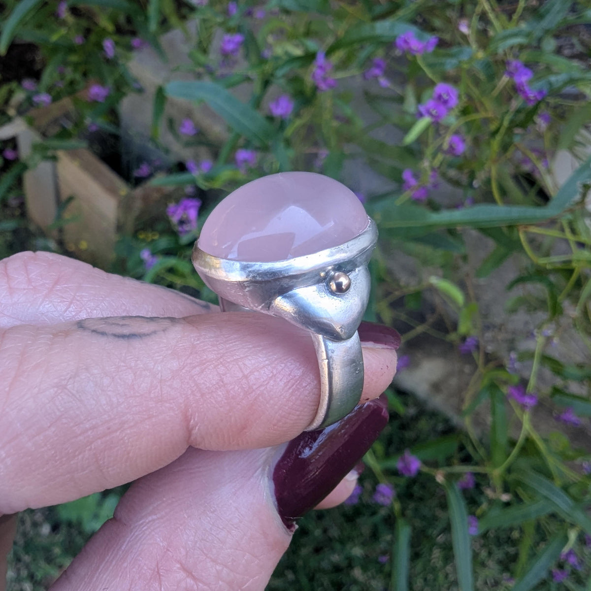 Rose Quartz Sterling Silver & 18 Carat Gold Vintage Ring