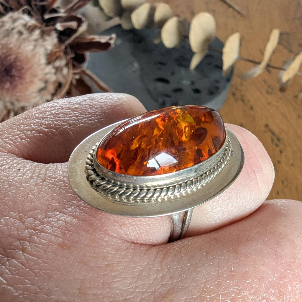 Sterling Silver & Amber signed 'FF Sterling' statement ring