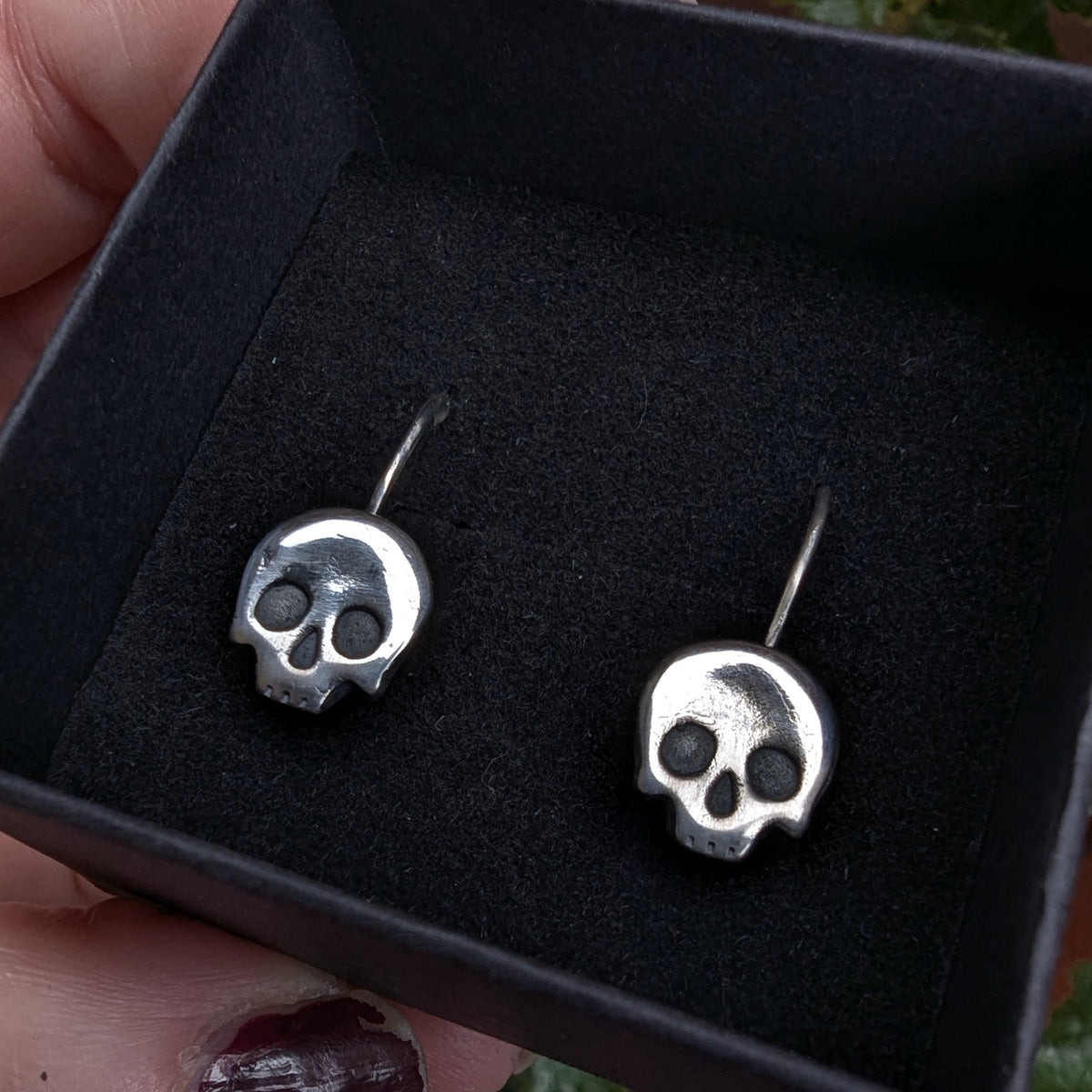 Fine silver skulls - hook earrings