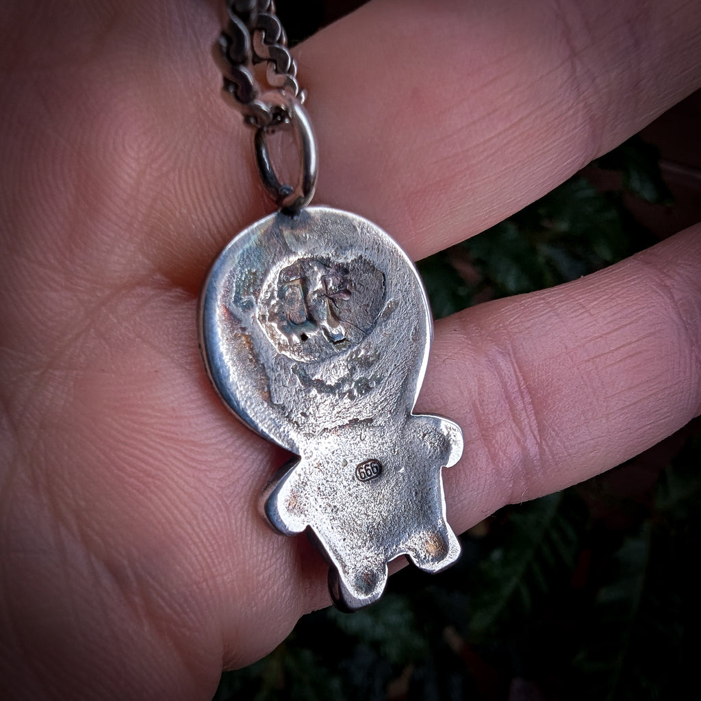 Fine silver spooky kewpie pendant on vintage sterling chain