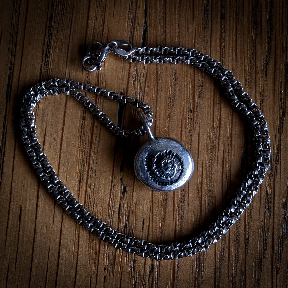 Fine silver spiral ammonite pendant on vintage sterling chain