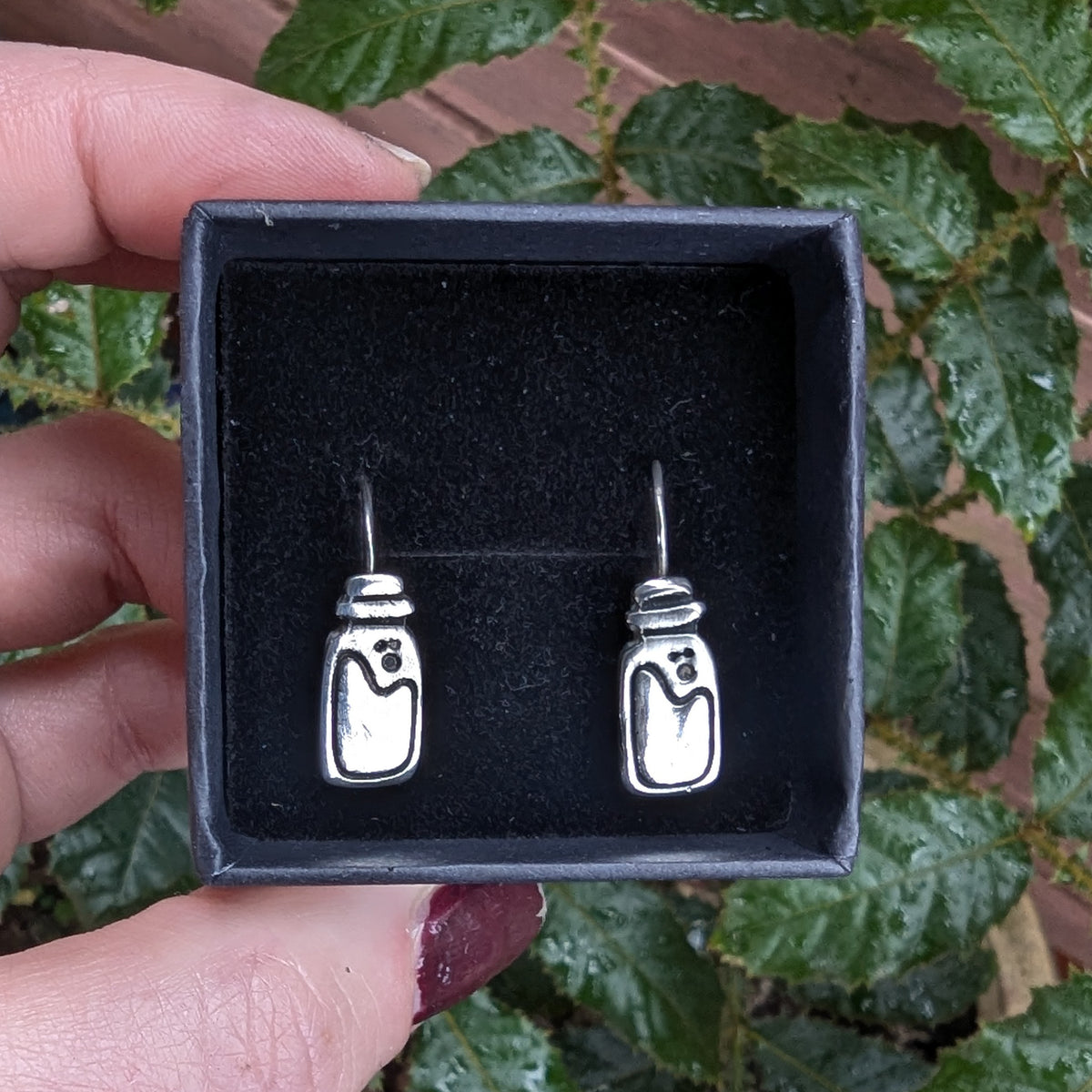 Fine silver potion bottles - hook earrings
