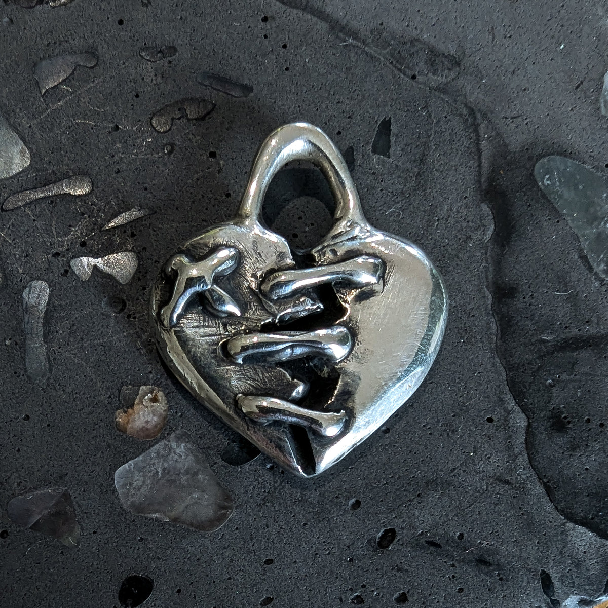 Patched heart solid sterling silver pendant