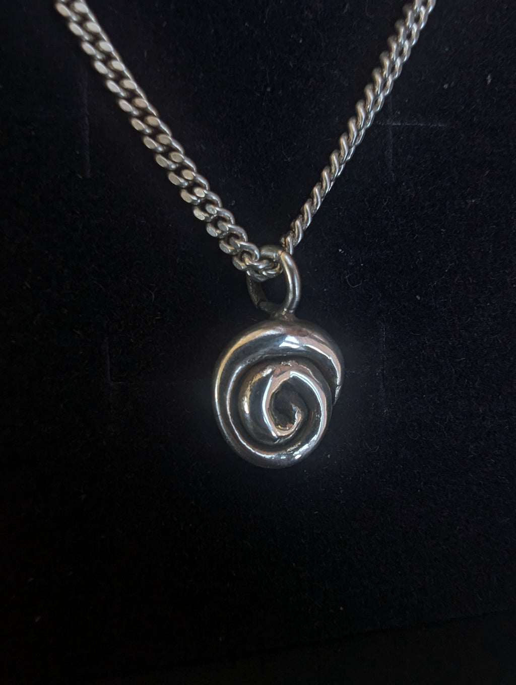 Fine silver spiral pendant on vintage sterling chain