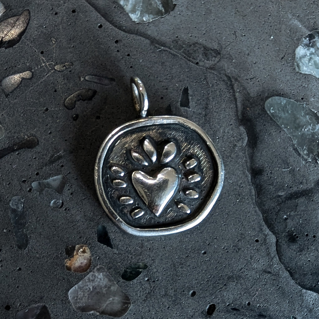 Folk heart fine silver pendant