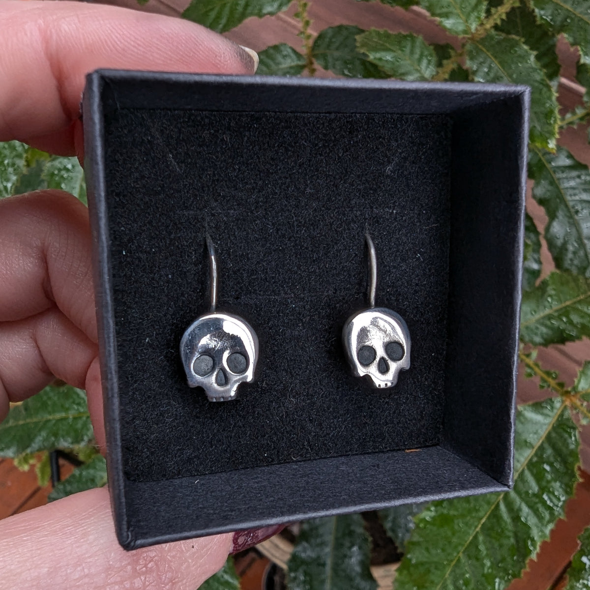 Fine silver skulls - hook earrings
